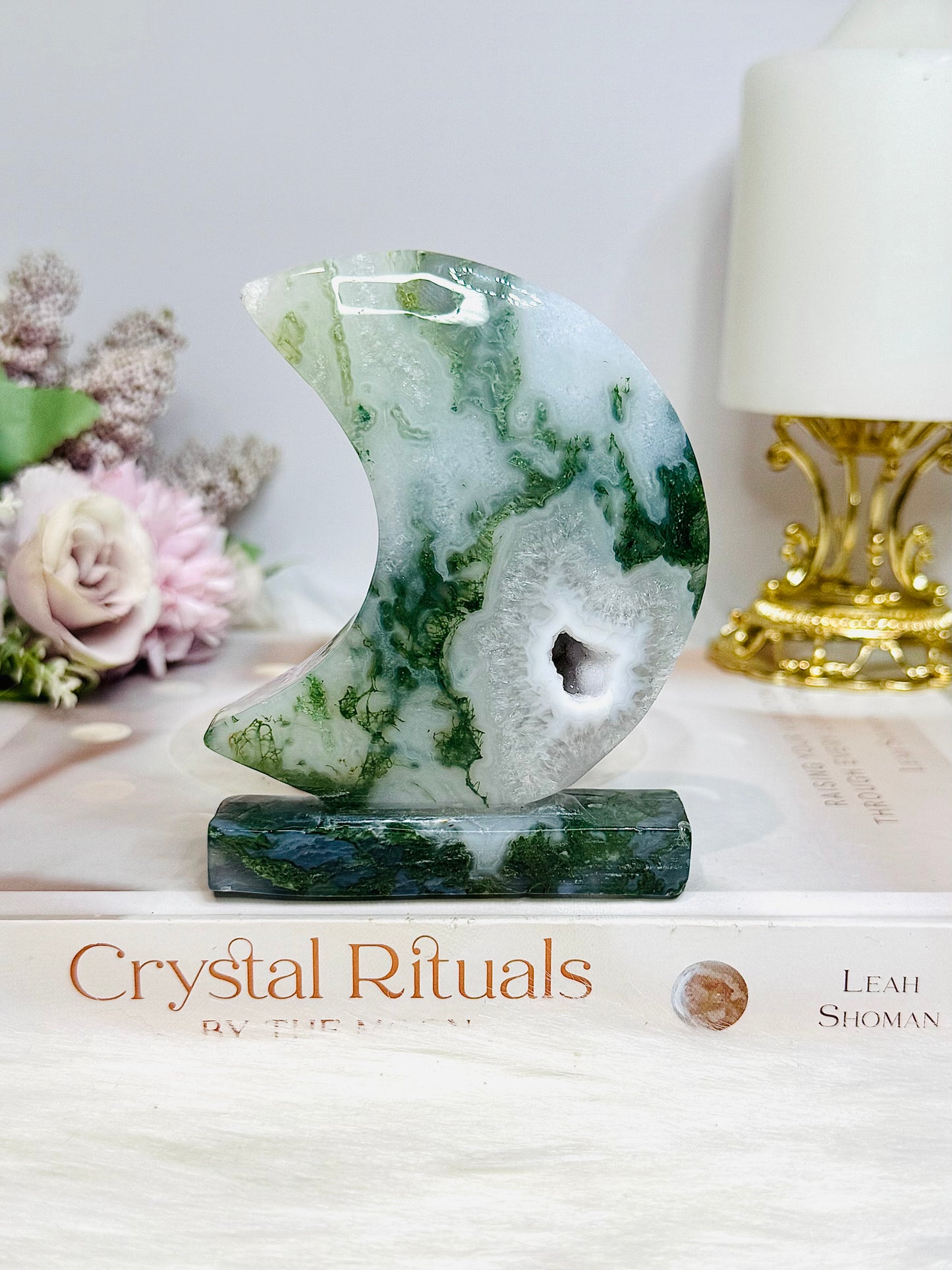 Moss Agate Druzy Moon On Stand 10cm 262g