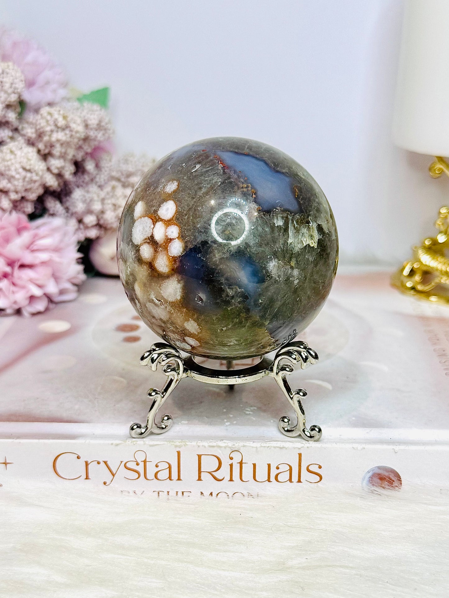 Green Druzy Cherry Blossom Agate Sphere on Stand 335grams