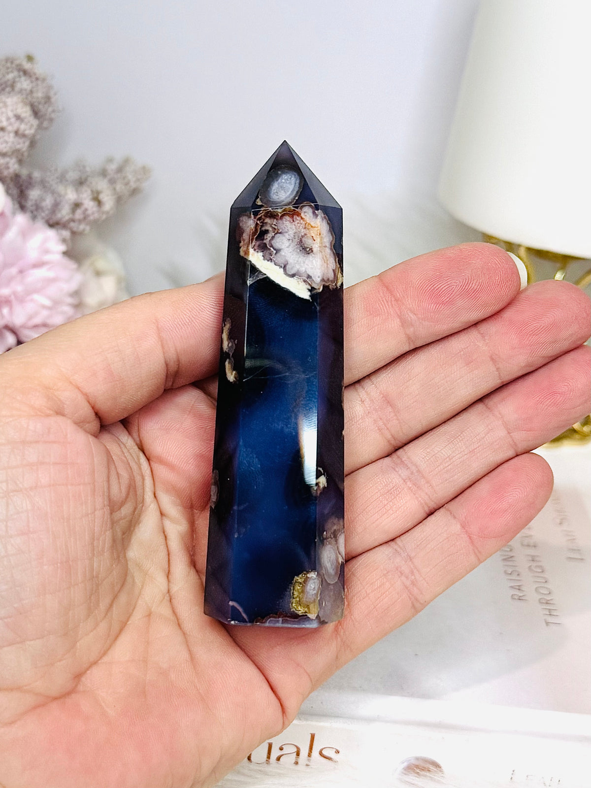 High Grade Blue Flower Agate Tower 9cm