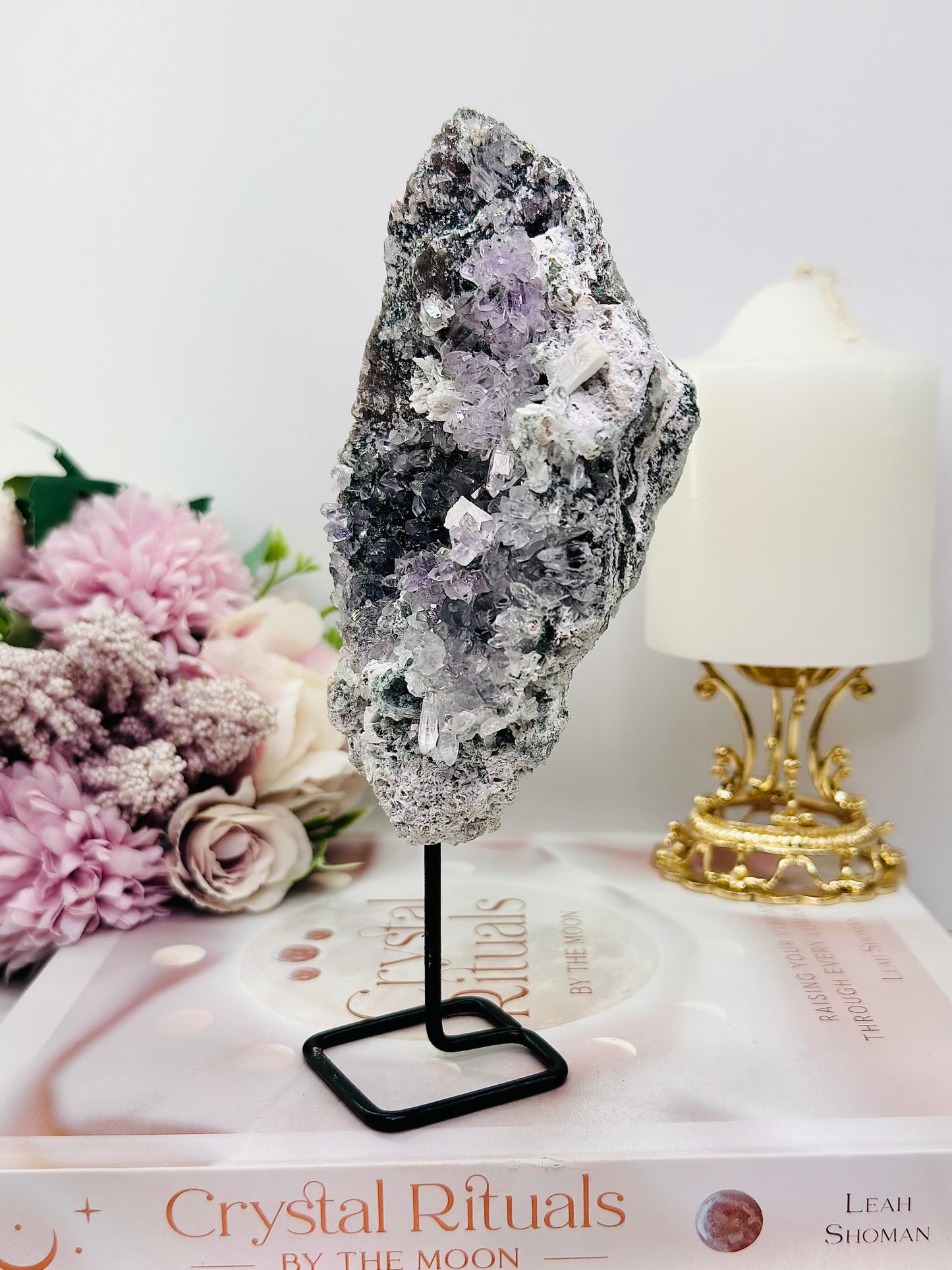 Tall 18cm Natural Zeolite | Flower Amethyst Slab on Stand From Brazil