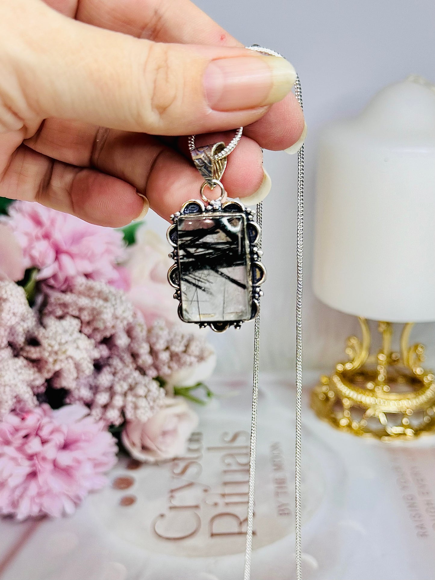 High Grade Black Tourmaline in Quartz Pendant On Silver Chain In Gift Bag