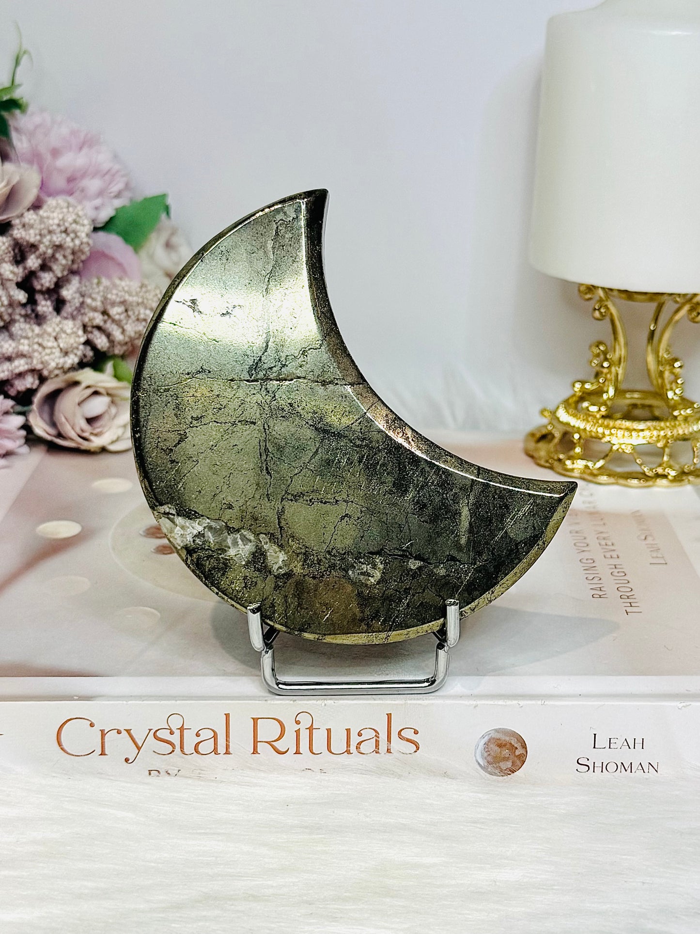 Large Pyrite Carved Moon on Stand 10cm