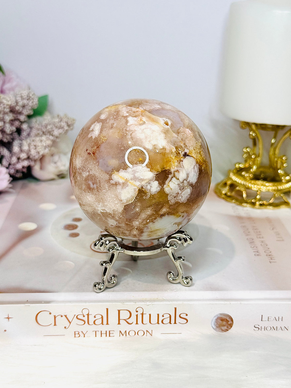 Large Flower Agate Sphere on Stand 521g