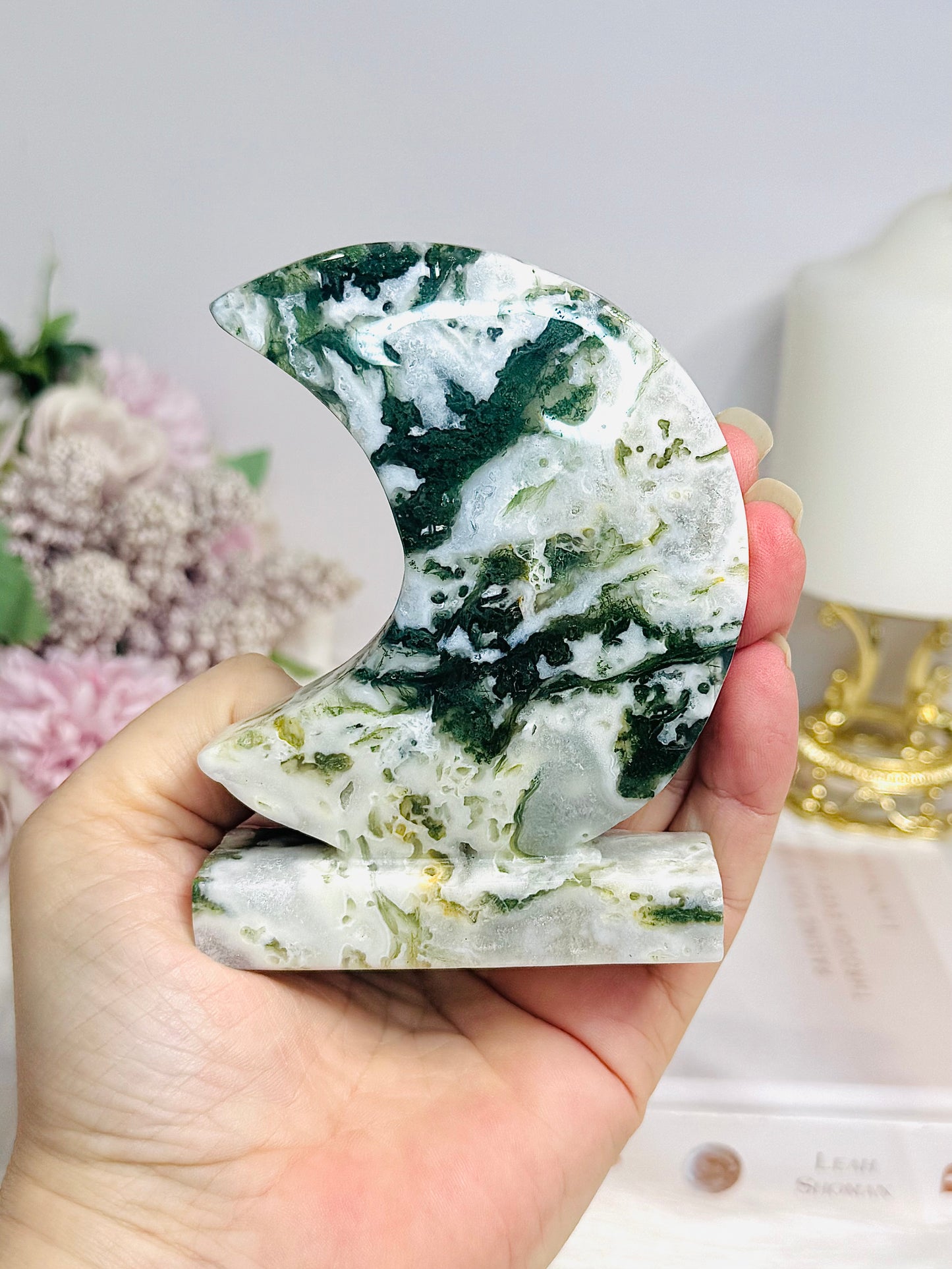 Moss Agate Druzy Moon On Stand 10cm 240g
