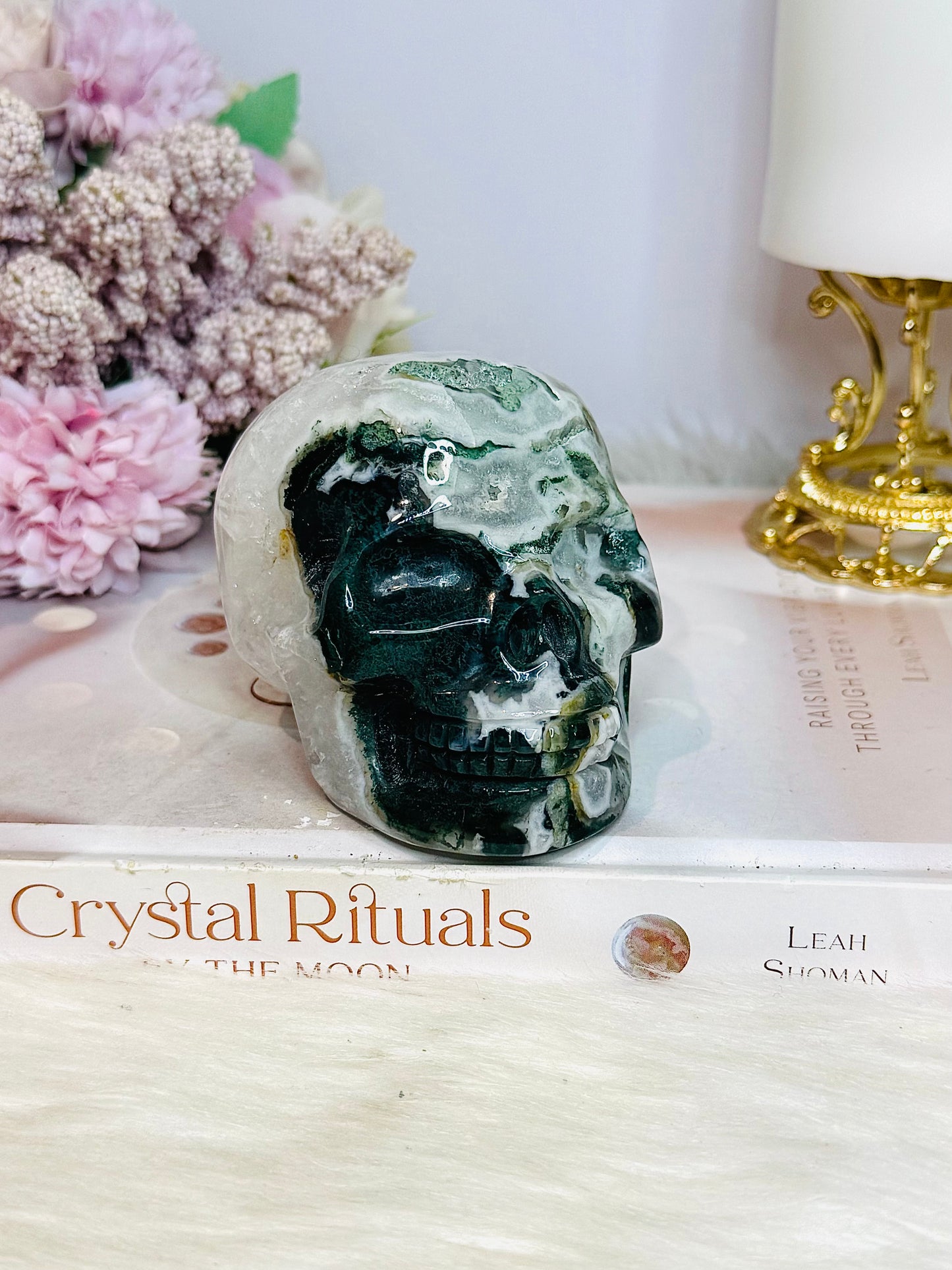 Large Moss Agate Carved Skull 9cm 469g