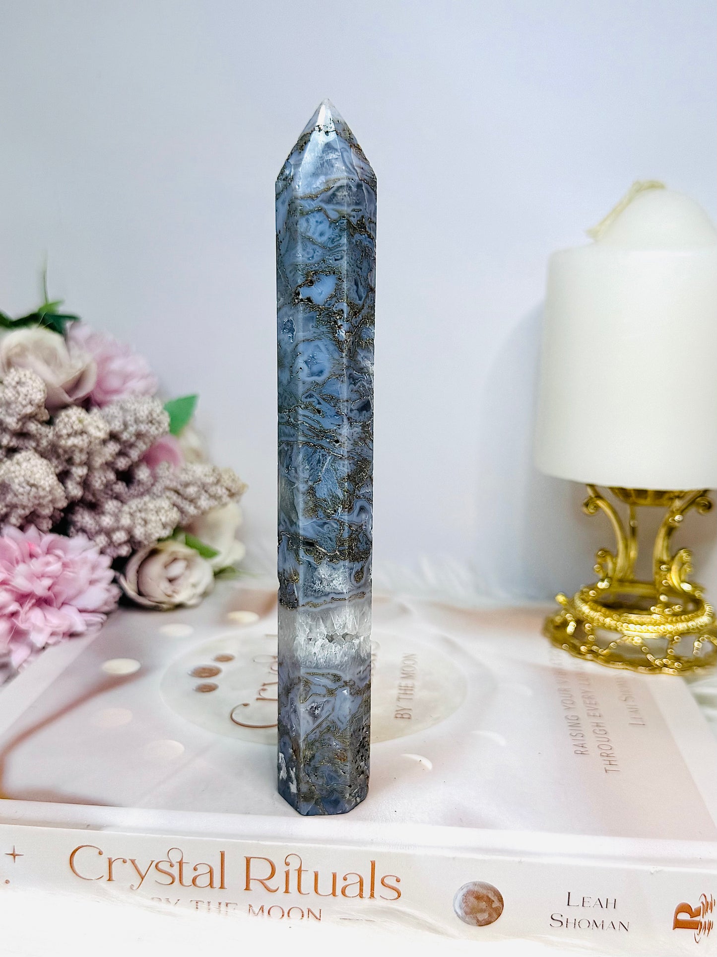 Blue Moss Agate Druzy Tower 16cm
