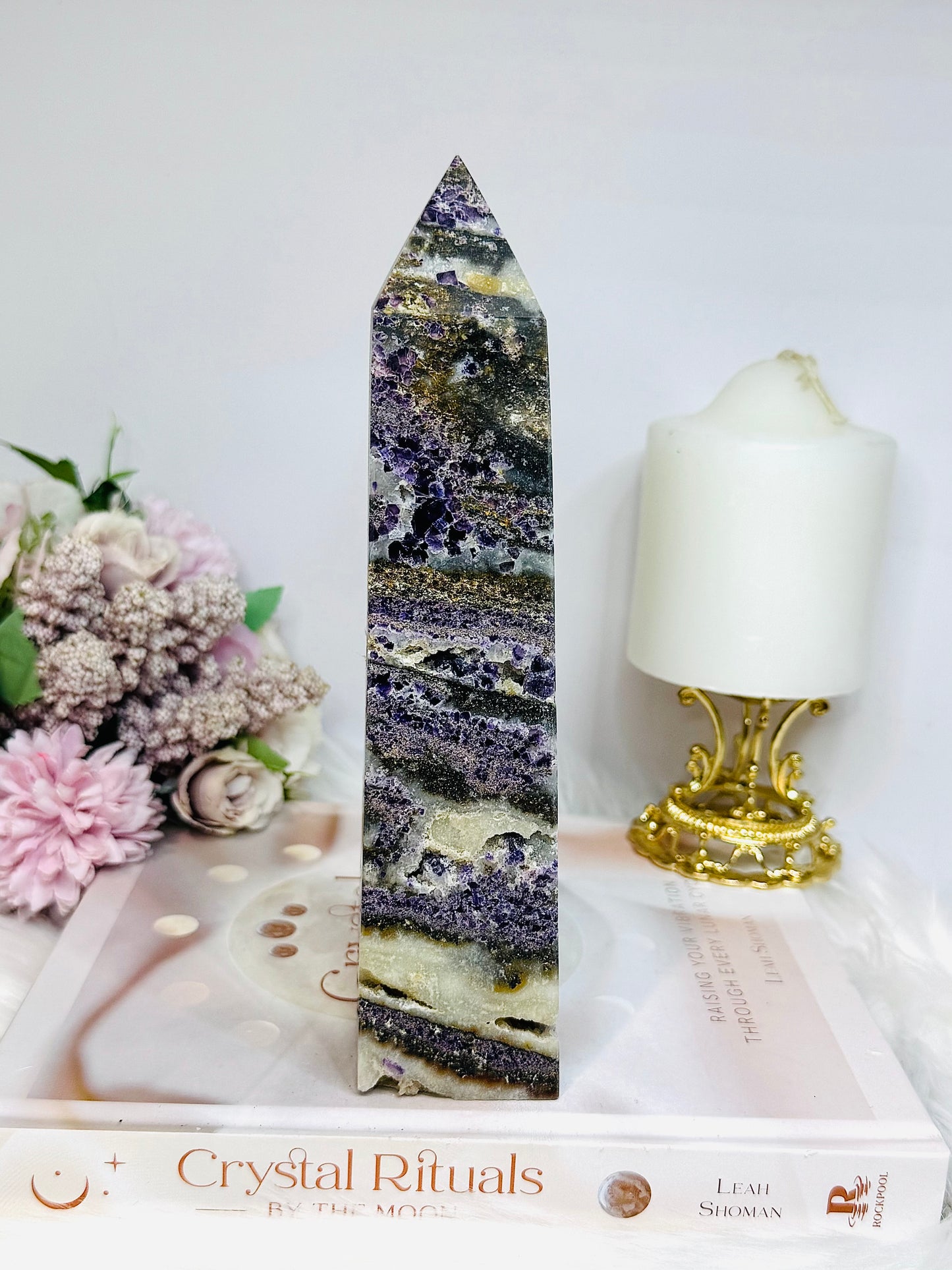 Large Purple Fluorite X Sphalerite Druzy Tower 20cm 747g