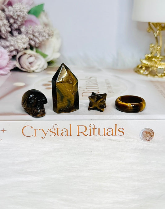 Tigers Eye Tower, Ring, Skull & Merkaba Carvings