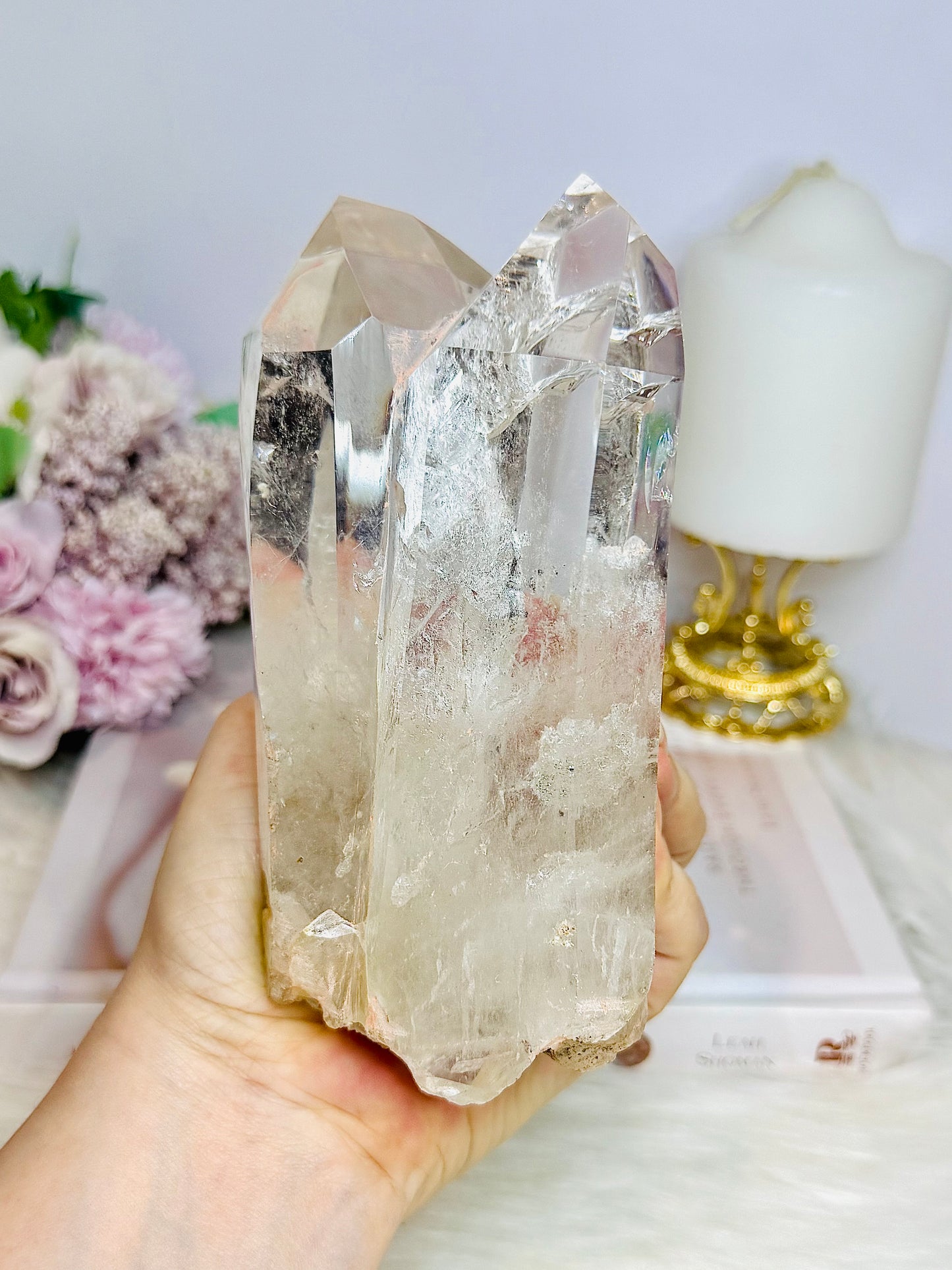 High Grade Clear Quartz Twin | Double Tower with Rainbows on Stand 18cm (on stand) 900g