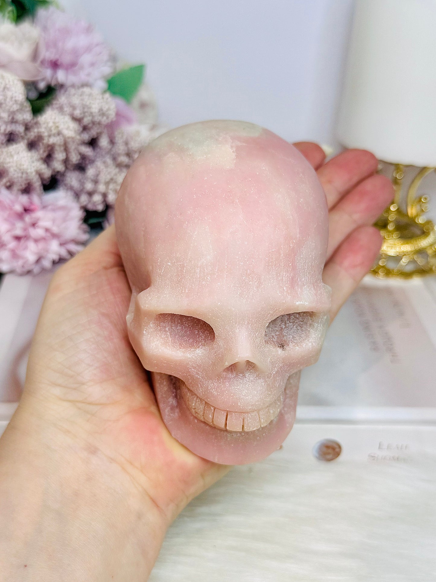 Large Pink Opal Carved Skull 10cm 828g