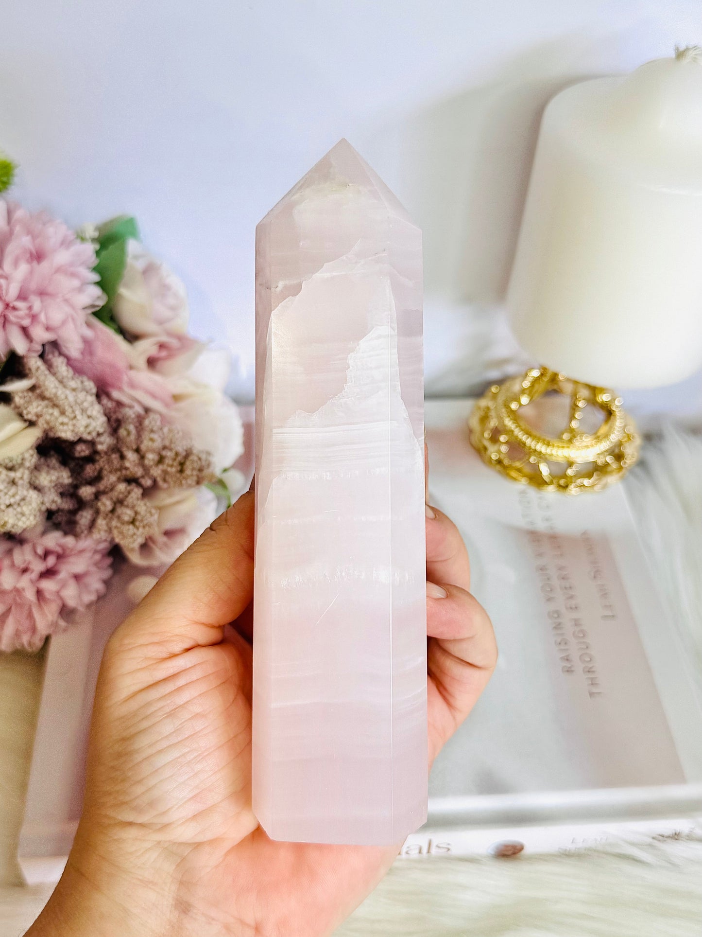 UV Reactive Pink Mangano Calcite Tower 16cm