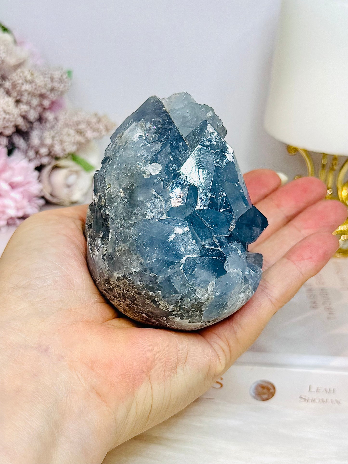Large Blue Celestite Cluster on Stand 668g
