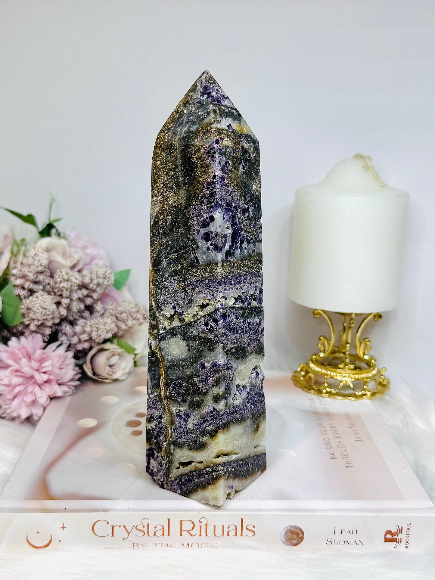 Large Purple Fluorite X Sphalerite Druzy Tower 20cm 747g