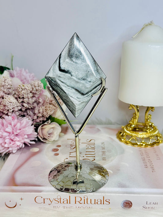Silver Sheen Obsidian Carved Diamond On Stand 16cm