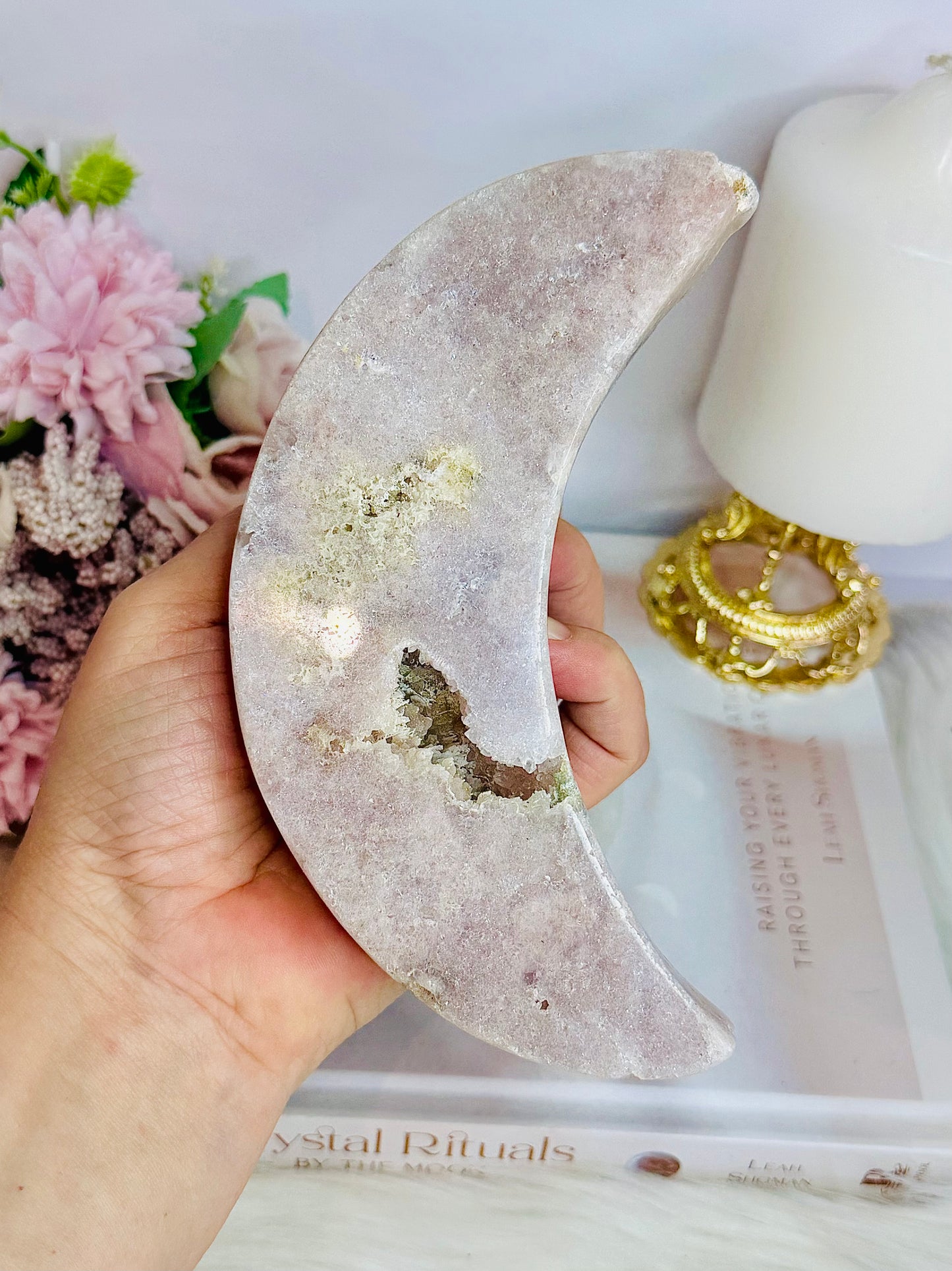 Stunning Large Chunky 15cm Druzy Pink Amethyst Carved Moon From Brazil