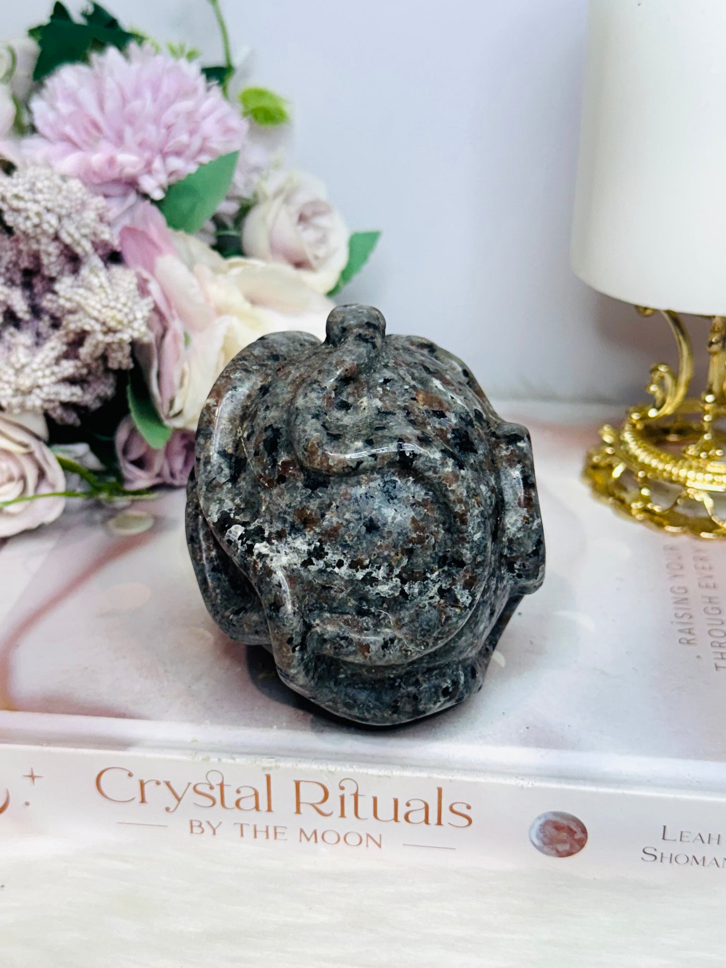 Large Yooperlite Carved Skull with Snake (UV Reactive) 617g