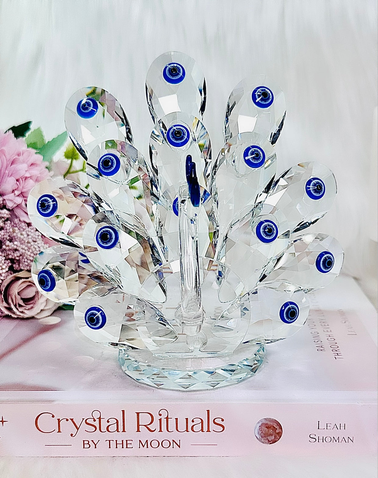 For Protection ~ Exquisite Large 15cm Glass Evil Eye Peacock Figurine combining elegance and mystique
