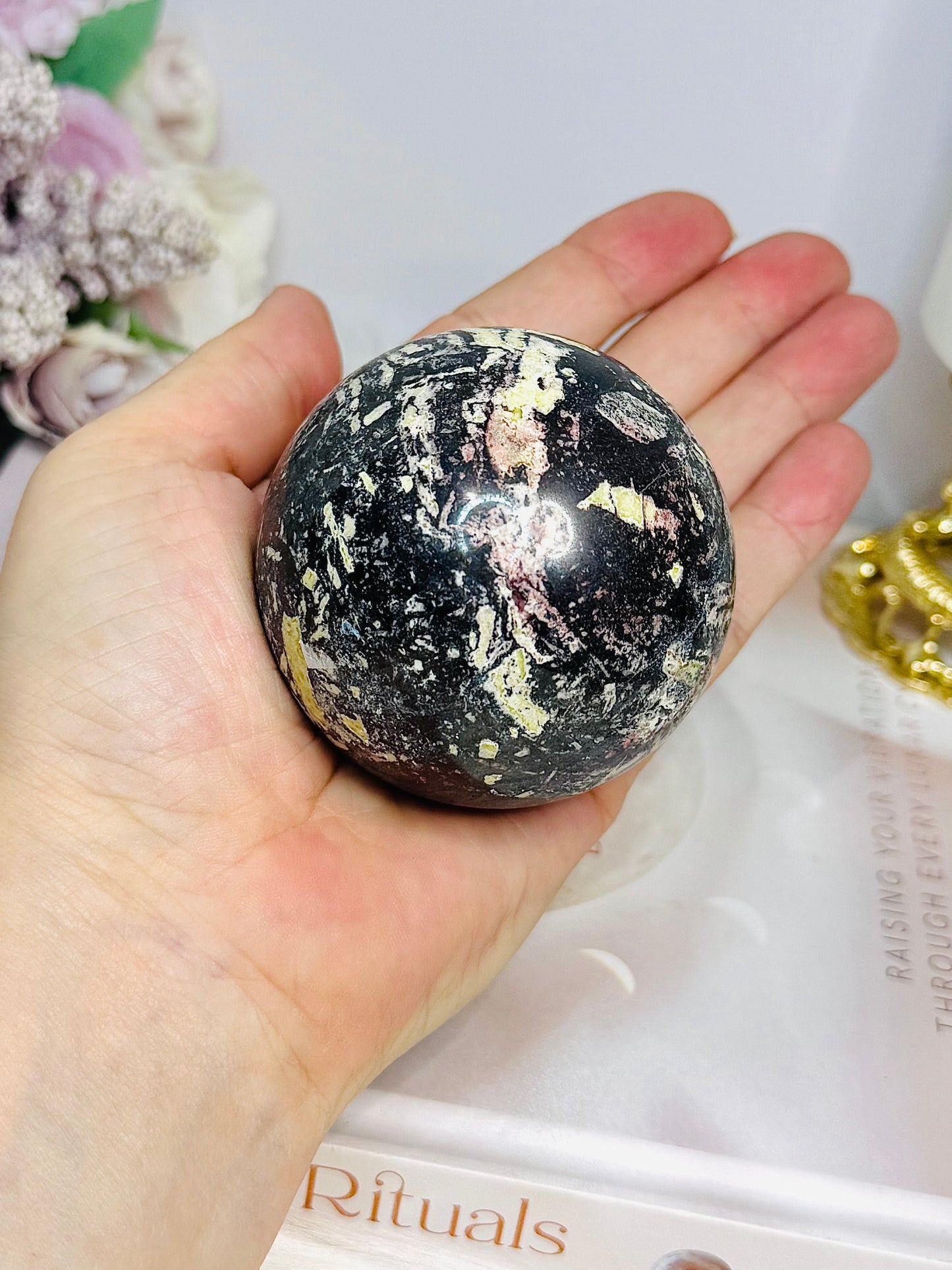 Large Chinese Writing Stone Sphere on Stand 434g