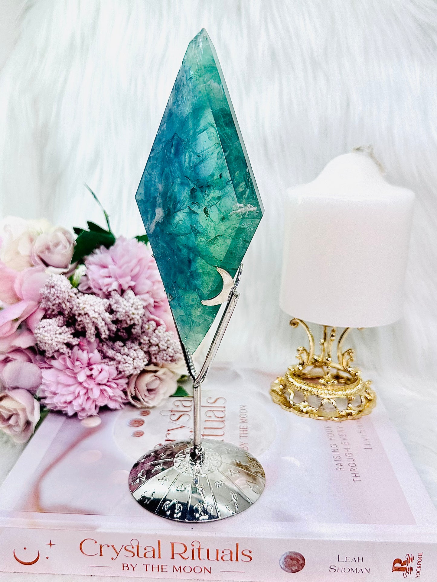 Wow!!! Absolutely Stunning Green Fluorite Diamond On Silver Stand 21cm Tall ~ A Magical Piece