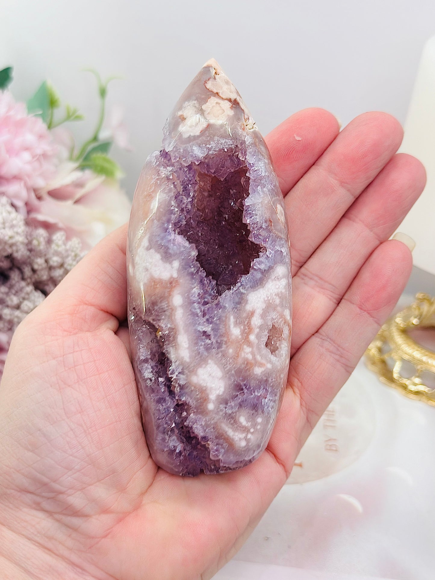 High Grade Rare 19.5cm Druzy Pink Amethyst X Flower Agate Egg on Stand