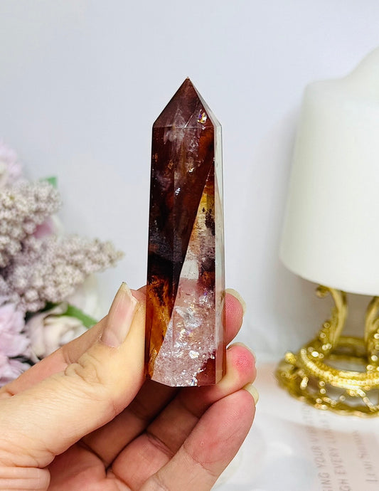 High Grade Fire Quartz Tower with Rainbows 8cm