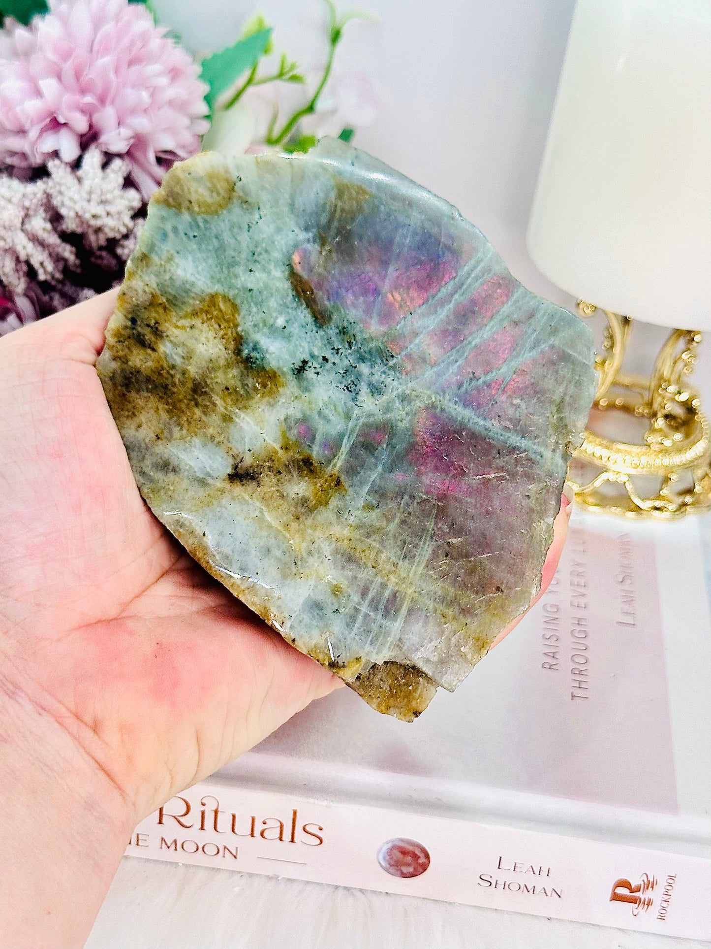 Gorgeous Natural Labradorite Slab with Pink & Purple Flash 329grams On Stand