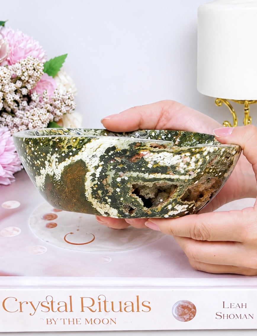 Large Orbicular Ocean Jasper Druzy Crystal Bowl 1.18KG 16cm