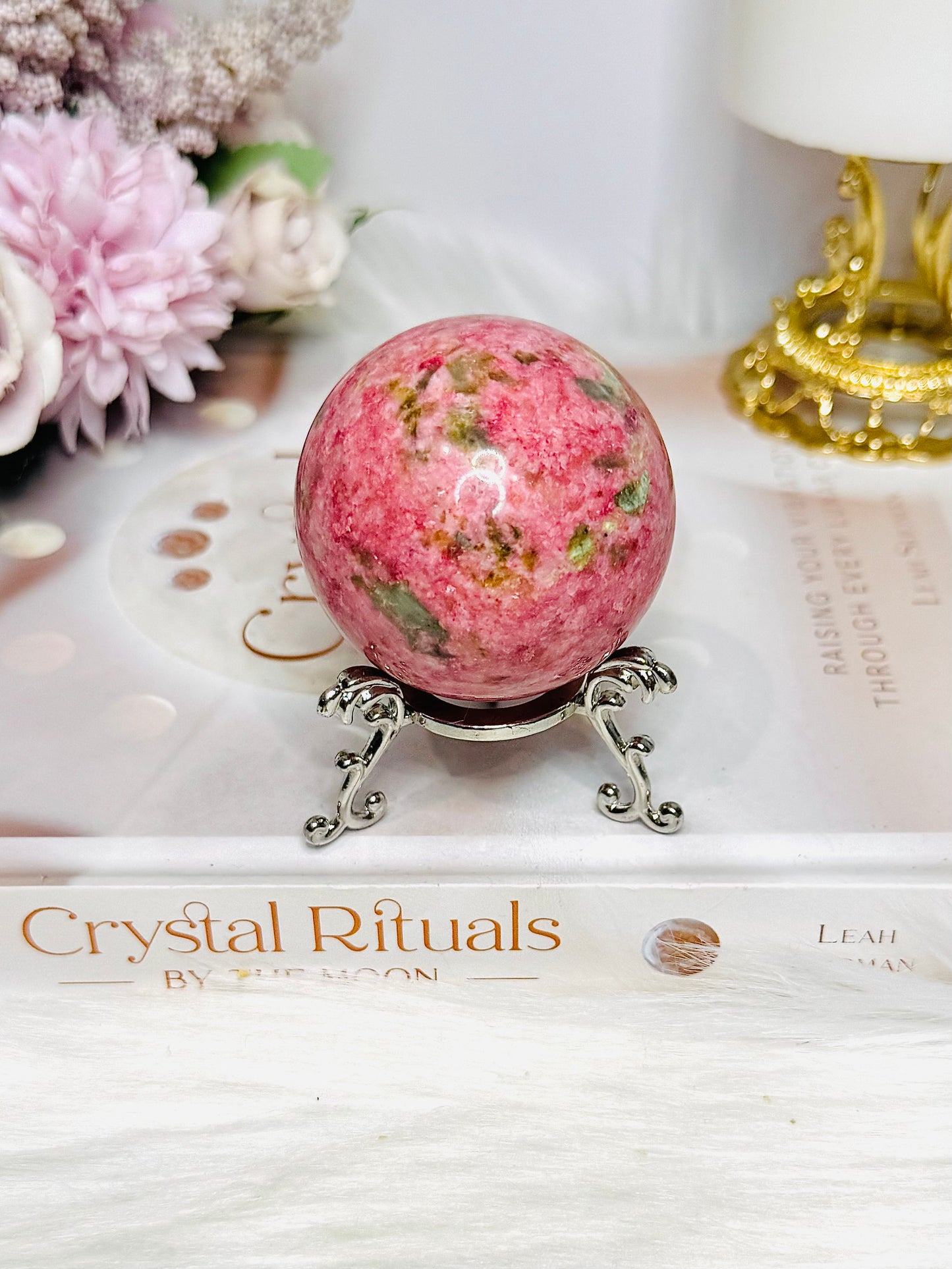 Thulite Sphere with Epidote 204g On Stand
