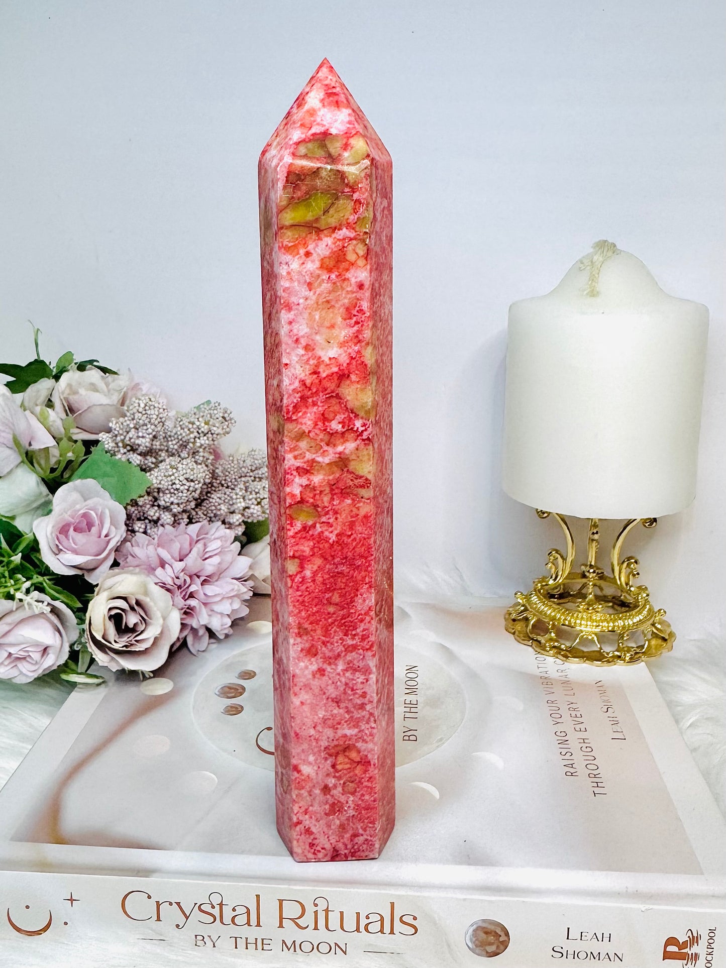 Rare Large Thulite Tower with Epidote Inclusions 20cm (Rich in colour)