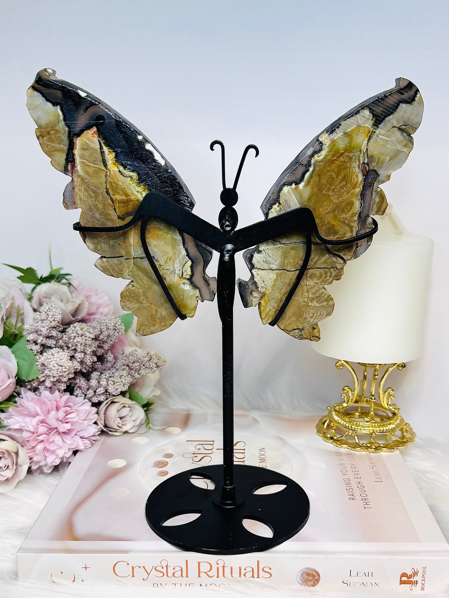 Large Volcano Agate Butterfly Wings UV Reactive on Stand 22cm