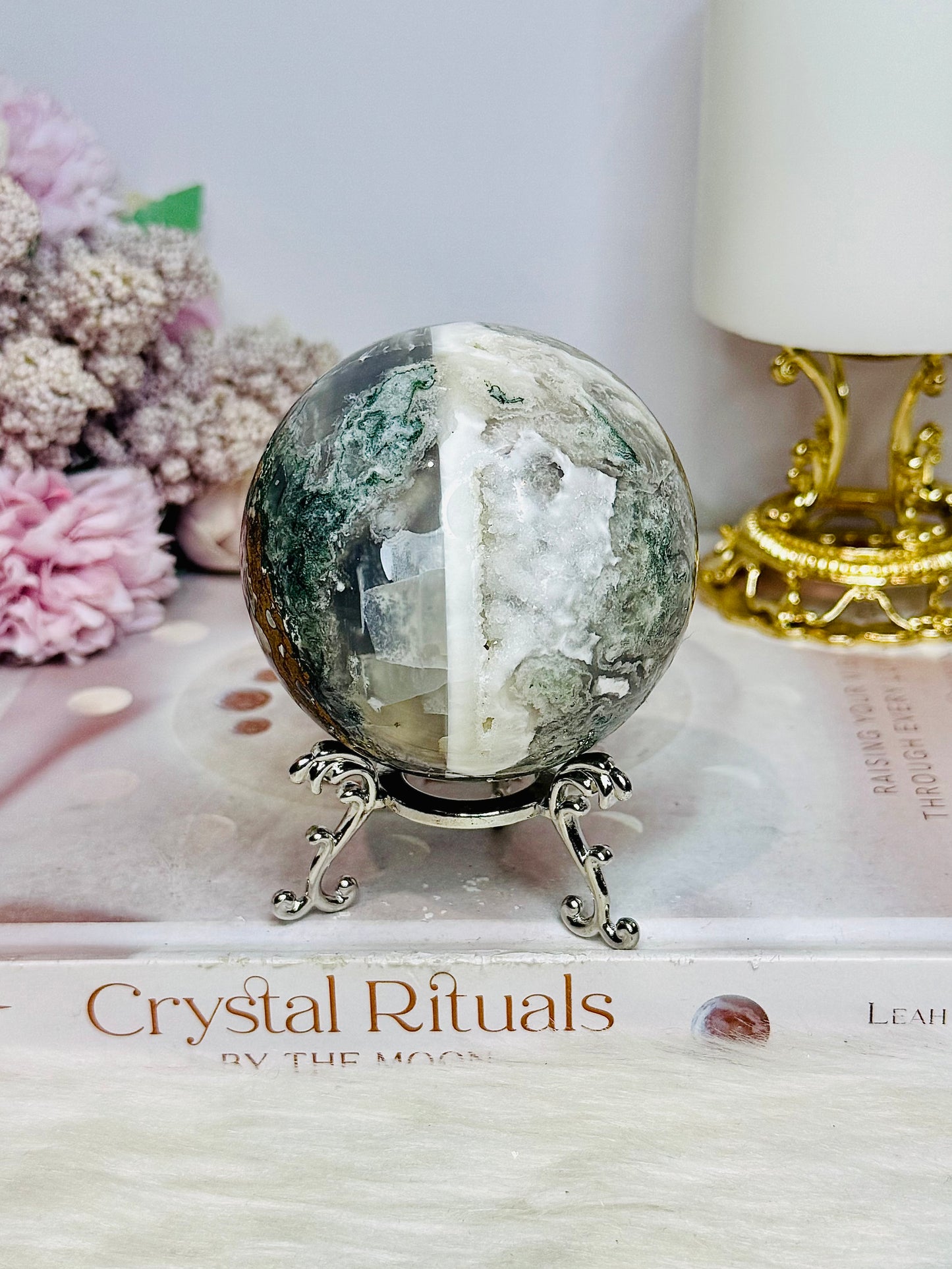 Moss Agate Druzy Sphere On Stand 373g