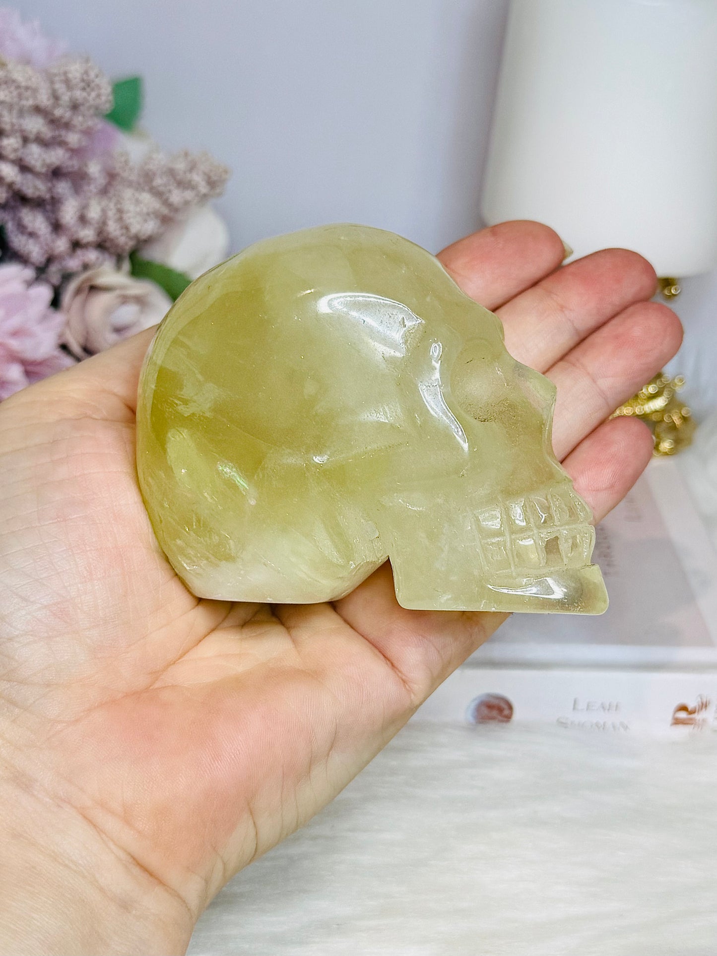 Citrine with Rainbows Carved Skull 397g 8cm