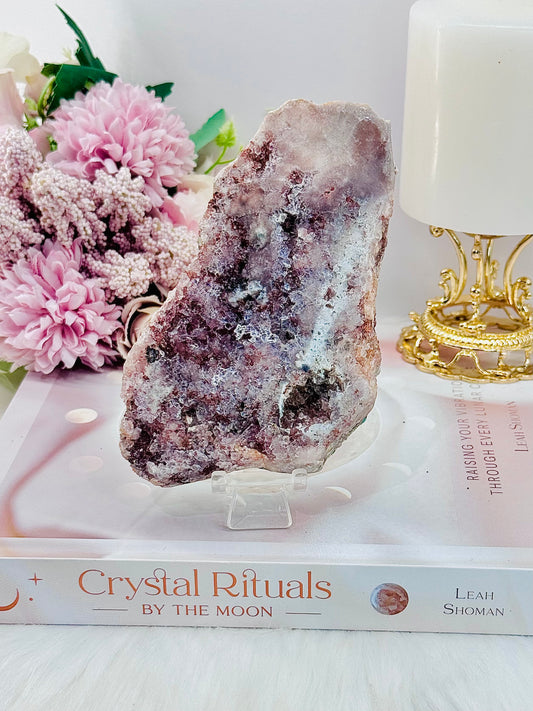Classy & Fabulous!!! Stunning 12.5cm Druzy Pink Amethyst Slab From Brazil On Stand