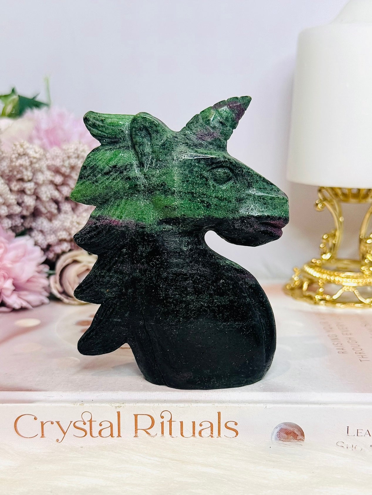 Ruby In Zoisite Carved Unicorn UV Reactive 10cm