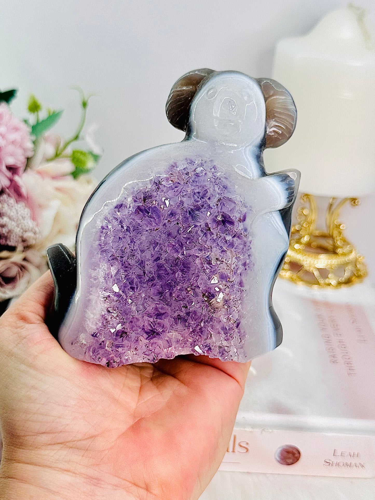 High Grade Truly Stunning Chunky 10cm Druzy Agate Amethyst Carved Koala Bear 476grams