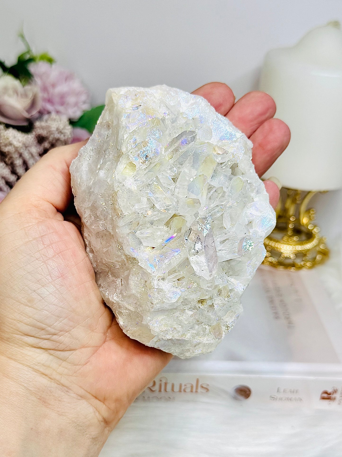 Large Angel Aura Clear Quartz Cluster 428g