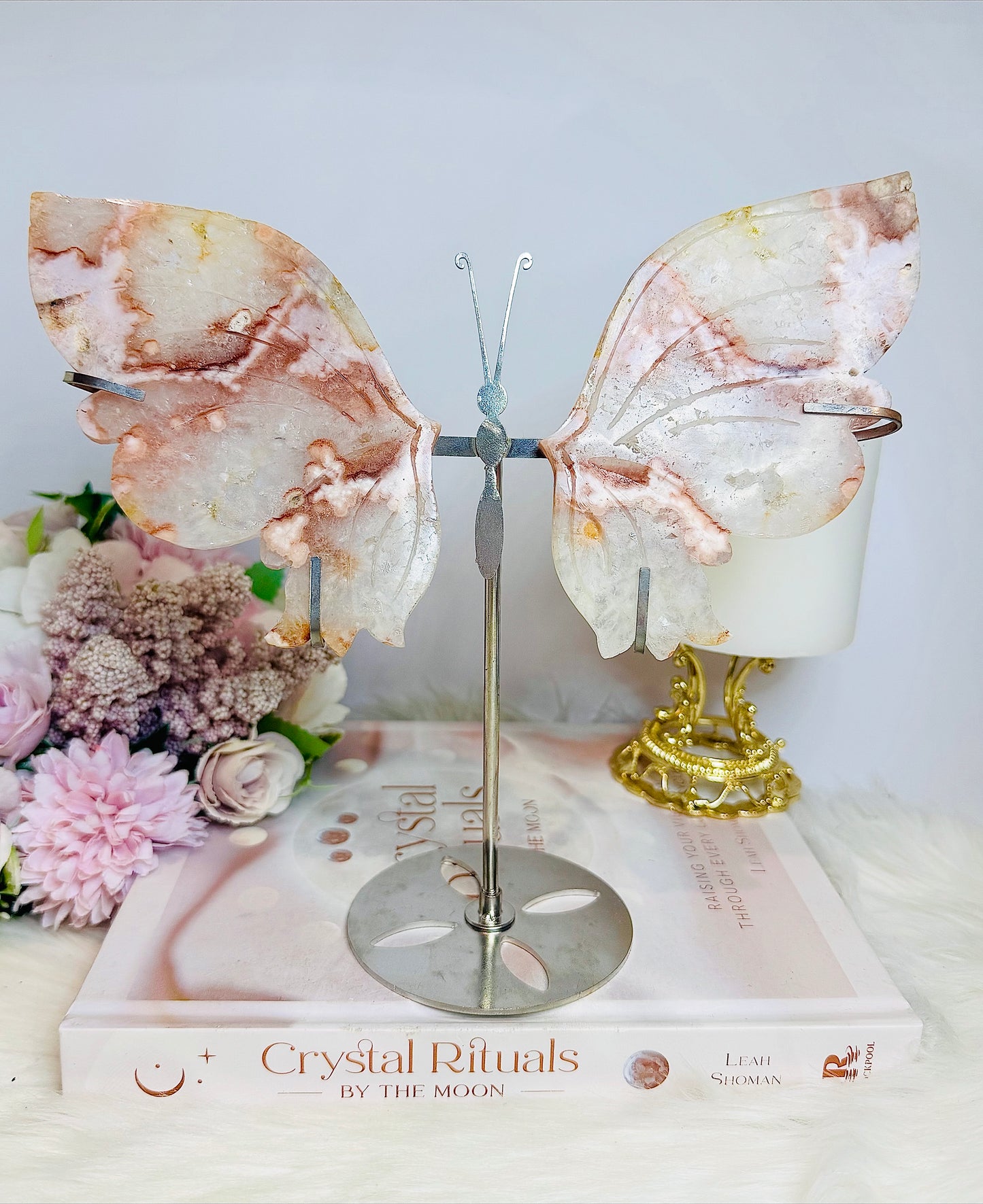 Flower Agate Carved Wings On Stand 20cm