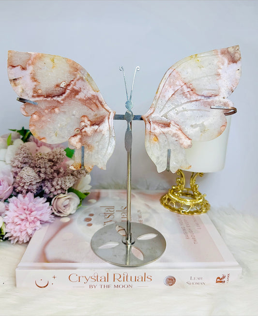 Flower Agate Carved Wings On Stand 20cm