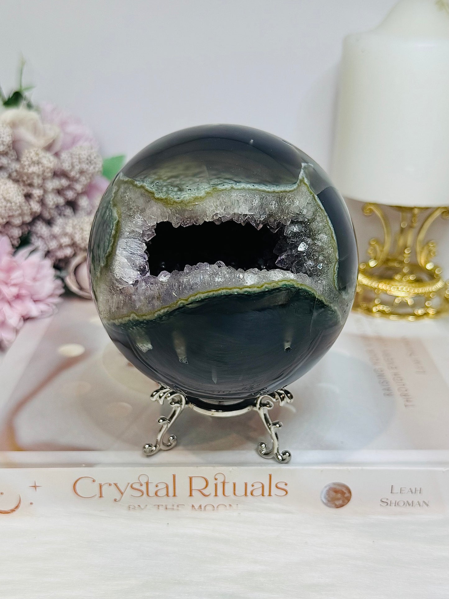 High Grade Huge Amethyst Druzy Agate Sphere on Stand 934g