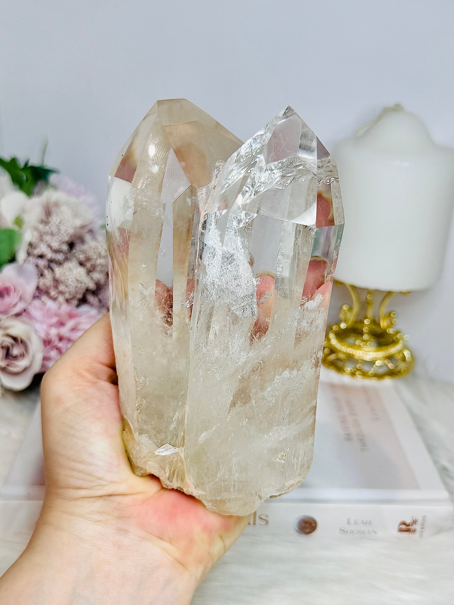 High Grade Clear Quartz Twin | Double Tower with Rainbows on Stand 18cm (on stand) 900g
