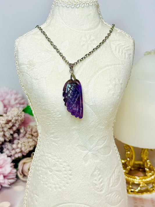 Amethyst Carved Angel Wing Necklace In Gift Bag