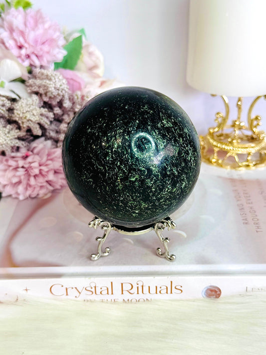 Sparkling Large Green Mica Sphere on Stand 736grams