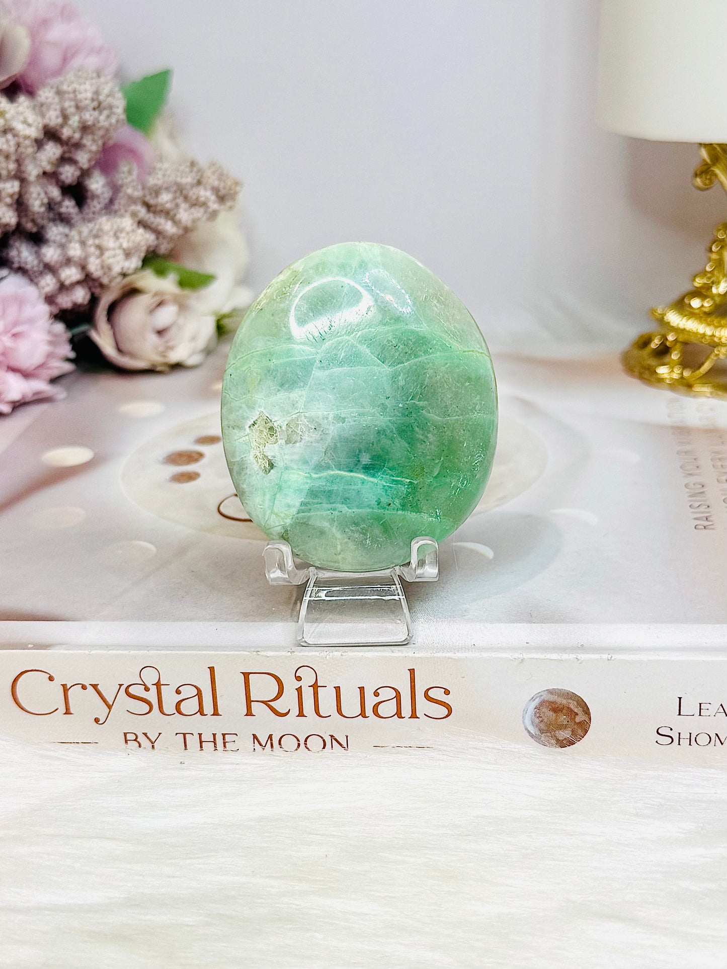 Green Moonstone Palm Stone (stand is display only)