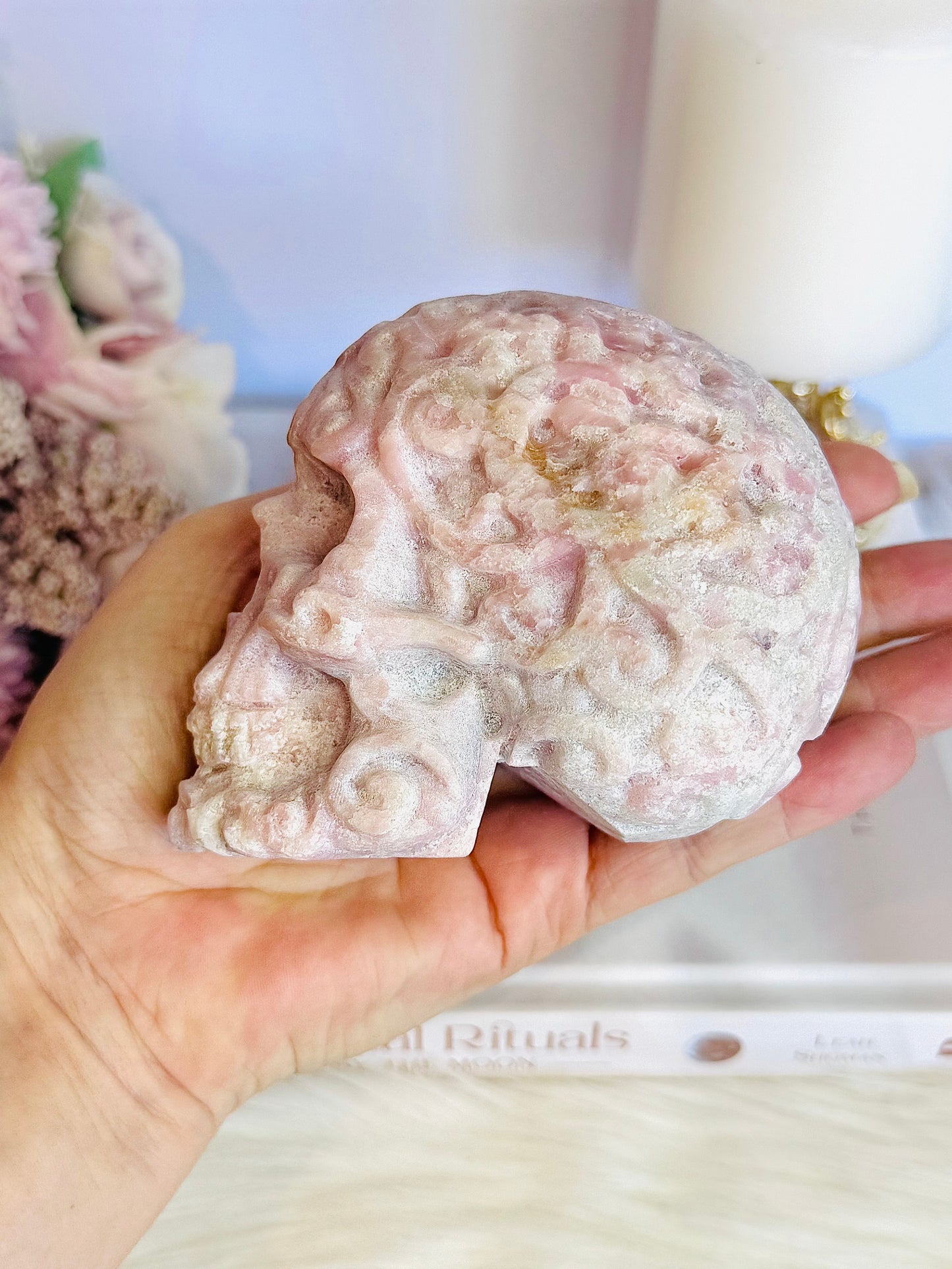 Incredible Large Perfectly Carved Pink Opal Patterned Skull 10cm 772grams