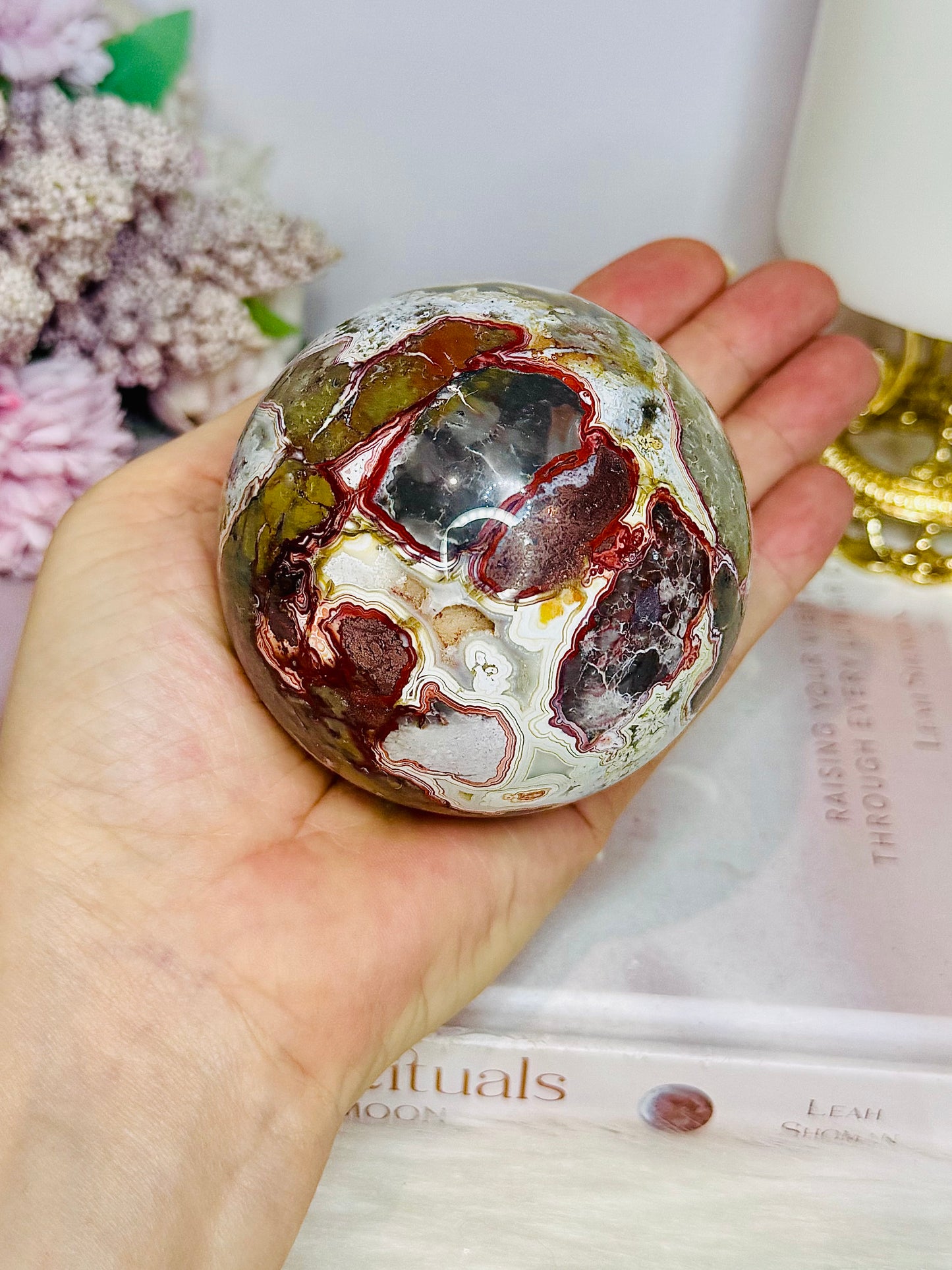 Large Mexican Crazy Lace Agate Druzy Sphere On Stand 552grams