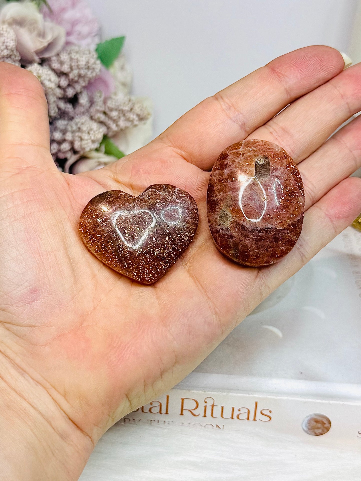 High Grade Shimmering Sunstone with Moonstone Heart & Palm Stone Set