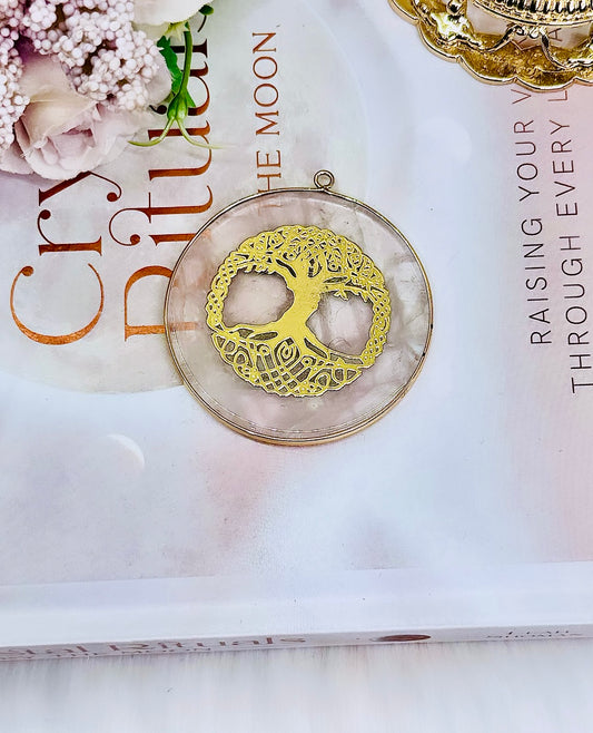 Self Love ~ Beautiful Rose Quartz Pendant with Gold Tree of Life Print In Gift Bag