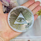 Amazing Selenite Slab with Gold Evil Eye Carving on Stand 8cm