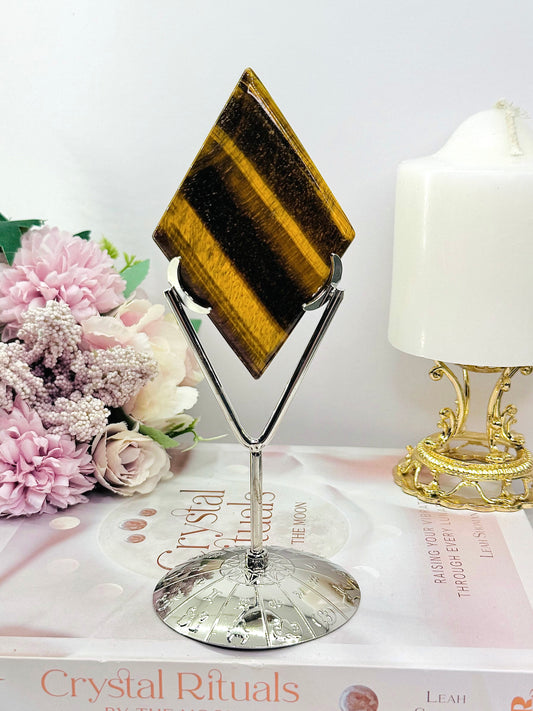 Tigers Eye Carved Diamond Full of Flash On Black Stand 17.5cm