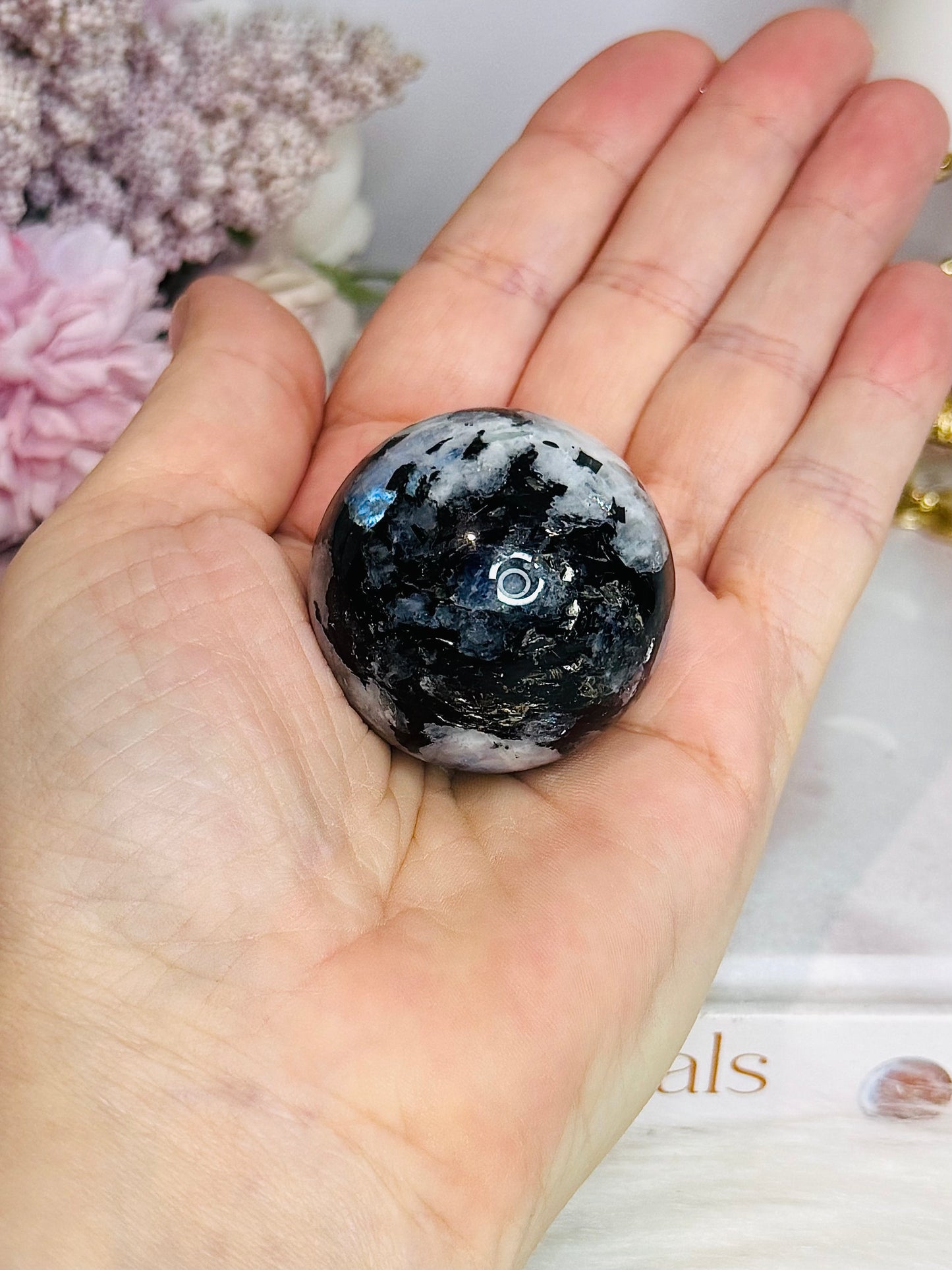 Rainbow Moonstone Sphere with Blue Flash On Stand 8cm